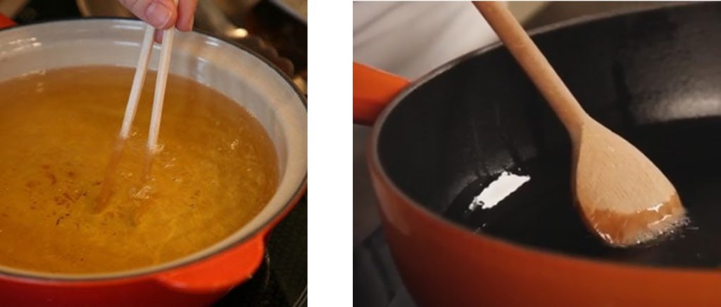 testez l'huile avec une baguette ou une cuillère en bois