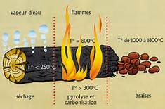les 3 étapes de la combustion du bois : séchage, pyrolyse et carbonisation, combustion des braises