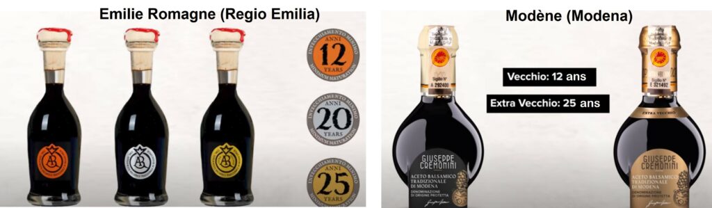 les 2 formes de bouteilles du vinaigre balsamique traditionnel.
