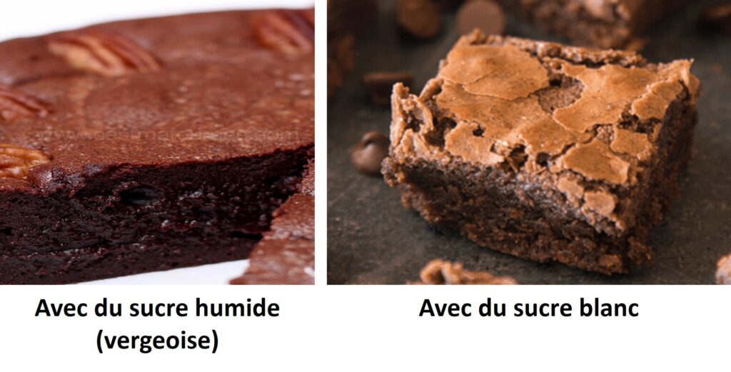photos de brownies préparés avec du sucre humide ou du sucre blanc.