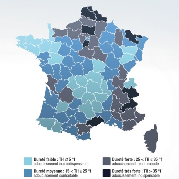 Carte de la dureté de l'eau en France.