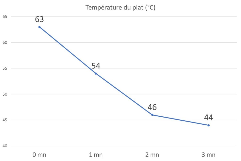 Mesure du refroidissement du plat de pâtes dans le temps.