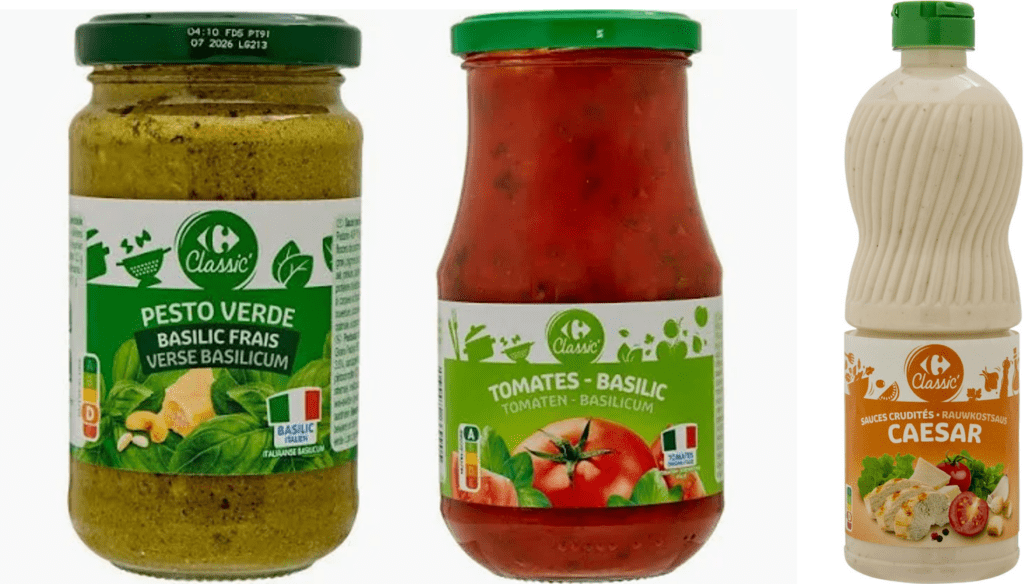 pots de sauces pour salade de pâtes.